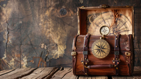A treasure chest with a scroll and compass, set on a wooden table with space for text in the background.の素材