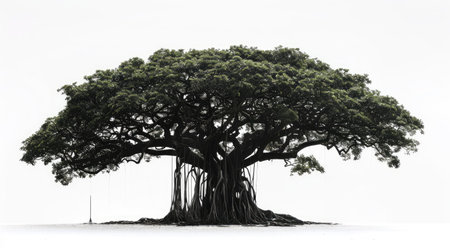 Elegant banyan tree showcasing its prominent aerial roots, creating a captivating silhouette on a white backdropの素材