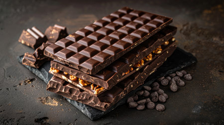 Gourmet dark chocolate bars on a dark background, capturing the essence of refined indulgence.の素材