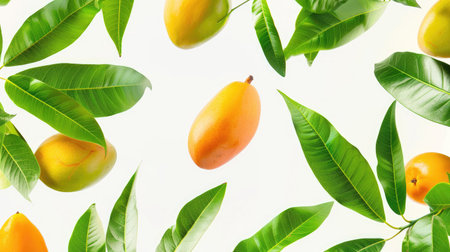 Mango defying gravity as it floats alongside lush green leaves against a white background, exuding a sense of tropical enchantmentの素材