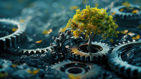 Spinning gears transforming into a growing tree, symbolizing growth and sustainability.の素材