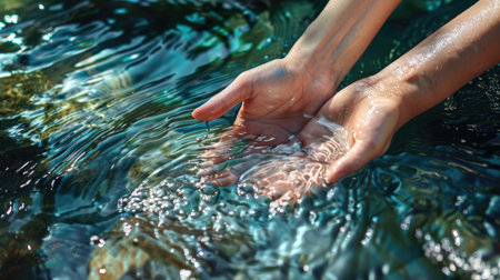 Close-up of hands feeling the cool, clear water of a natural river, highlighting purity and natural beauty.の素材