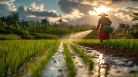 Agriculture worker in Asia using a mechanical sprayer to apply fertilizers to young rice plants in the field.の素材