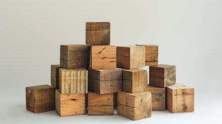 Neatly stacked wooden blocks organized in groups of 3-5, featuring designated areas on each block for adding handwritten or printed messages.の素材