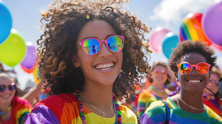 Joyous participants wearing rainbow shirts, expressing solidarity and pride at an LGBT parade amidst a sky filled with colorful balloonsの素材