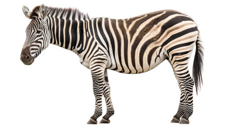 Beautiful zebra isolated on a clean white backdrop, its bold stripes creating a captivating contrast against the serene backgroundの素材
