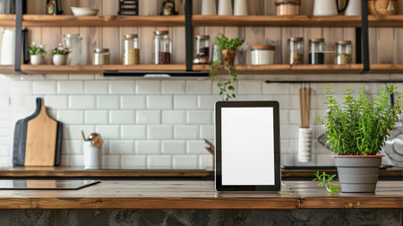 Modern kitchen with a blank tablet screenの素材