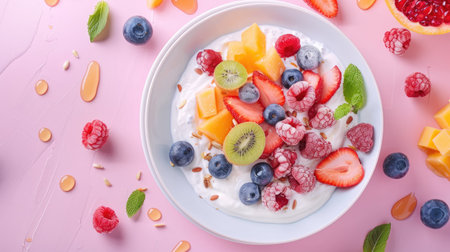 Healthy breakfast plate with Greek yogurt, honey, and a variety of fresh fruits, perfect for a nutritious morningの素材