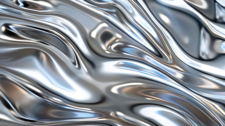 Reflective silver chrome backdrop adorned with elegant, undulating metal waves, ideal for high-end digital designs.の素材