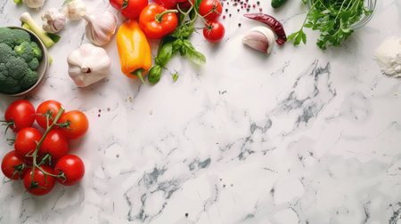 Top view of a clean kitchen counter with fresh vegetables, ideal for recipe textの素材