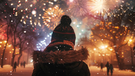 A woman in a snowy park watches New Year fireworks with wide eyes of amazement and delight, her face illuminated by the vibrant displayの素材