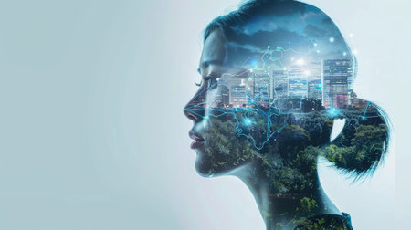 Young woman in double exposure with a futuristic internet communication concept, blending nature and technology to symbolize digital integration and connectivityの素材