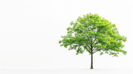 Solitary maple tree with vibrant green leaves, set against a clean white background.の素材