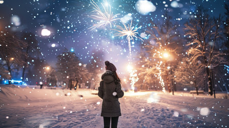 Captivated woman in a snowy park, her eyes filled with amazement and joy as she watches New Year fireworks burst in the night skyの素材