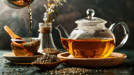Tranquil scene of a glass cup and teapot containing herbal cumin tea, with a wooden spoon offering dried cumin seeds for infusion.の素材