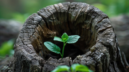 Small green plant growing inside the hollow of a dead tree, illustrating nature's resilience and rebirth.の素材