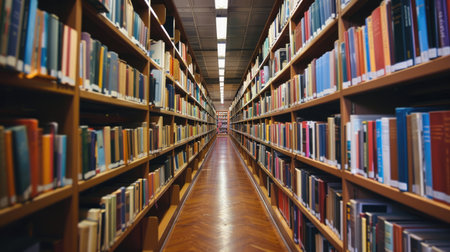 Organized bookshelves in a library, presenting a harmonious display of knowledge and learning in a serene environmentの素材
