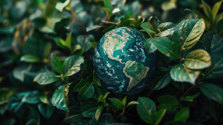 A world globe surrounded by fresh green leaves, representing nature's protection and sustainability.の素材