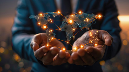 Businessman holding a visual representation of global network and data exchanges across the world, symbolizing connectivity and international business operationsの素材