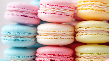 A close-up of colorful macarons stacked in a neat pile on a white background, showcasing their vibrant colors and delicate texture.の素材