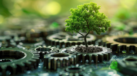 Gears turning and giving rise to a flourishing tree, illustrating the harmony between technology and nature.の素材