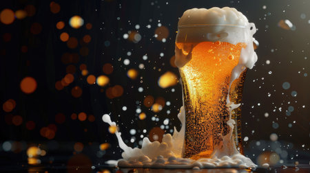 Overflowing beer glass with frothy foam and effervescent bubbles, creating an enticing backdrop for beer-themed content.の素材