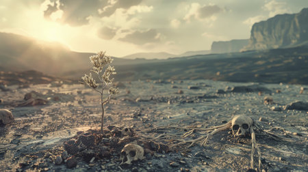 Strong sapling growing in a barren landscape with animal bones, showcasing the enduring spirit of nature.の素材