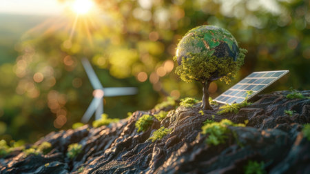 International Day of Forests concept: Tree silhouette, earth globe, solar cell panel, and wind turbine on a serene nature background, promoting clean energy and environmental conservationの素材