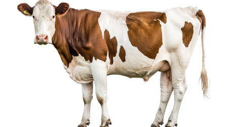 Beautiful white-brown cow isolated on a pristine white backdrop, showcasing the elegance and gentle demeanor of farm lifeの素材
