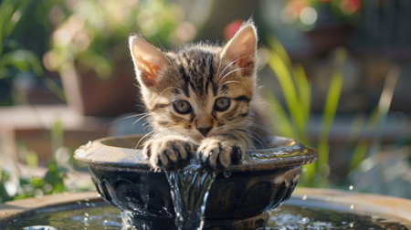 Adorable kitten enjoying fresh water from a decorative cat fountain, paws resting on the edgeの素材