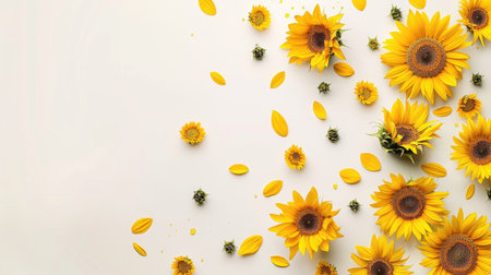 Artistic arrangement of sunflowers on a white background, creating a bright and cheerful compositionの素材