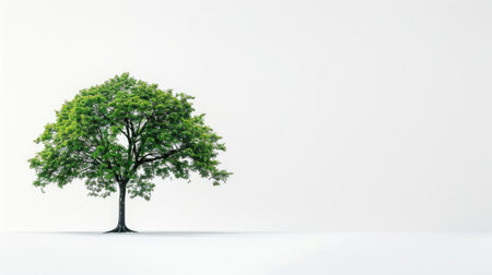 Solitary maple tree with vibrant green leaves, set against a clean white background.の素材