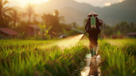 Agricultural worker in Asia utilizing a spraying device to apply chemicals on young rice plants for optimal growth.の素材