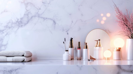 Cosmetic products arranged neatly on a vanity table, with elegant lighting and space for text on the left.の素材