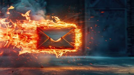 A speeding envelope ignites in flames, symbolizing urgency and intensity.の素材