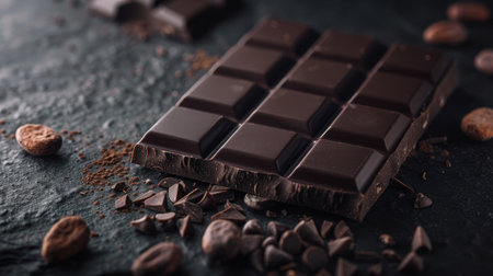 Gourmet dark chocolate bars on a dark background, capturing the essence of refined indulgence.の素材