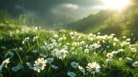 Blooming daisies scattered across grassy hills, with sunlight casting a warm glow over the landscape.の素材