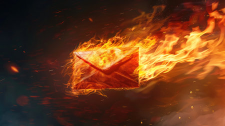 Burning envelope flying at high speed, implying urgent message or rapid delivery.の素材