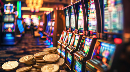 Slot machine hitting the jackpot, with coins spilling out onto the casino floor.の素材