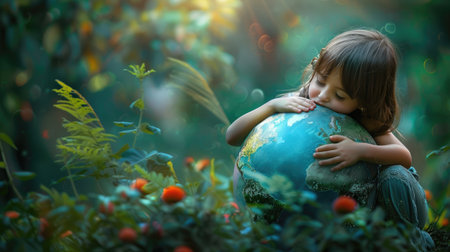 A girl giving a heartfelt hug to a globe, representing love and care for the planet.の素材