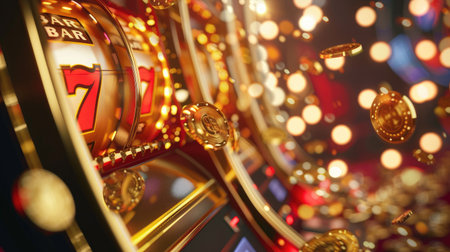 A classic slot machine with coins spilling out, creating a scene of winning and excitement against a casino backgroundの素材