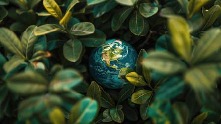 A small globe encircled by green leaves, set in nature, representing the bond between the earth and its environmentの素材