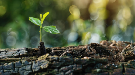 A young tree sapling emerging from a decayed trunk, showcasing the beauty of new life in old wood.の素材