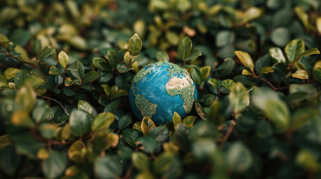 A small globe encircled by green leaves, set in nature, representing the bond between the earth and its environmentの素材