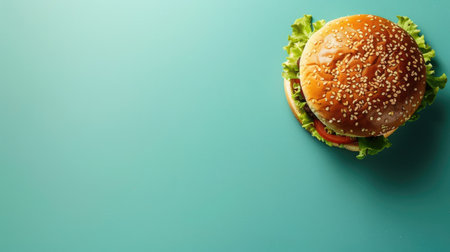 Gourmet burger on a turquoise background, providing plenty of room for inserting custom messages or images.の素材