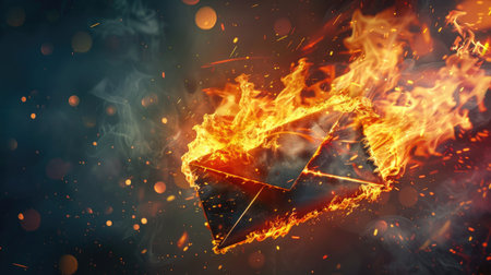 Envelope caught in flames while soaring, symbolizing urgent or critical communication.の素材