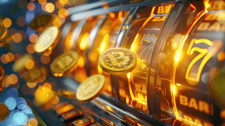 Golden coins flowing from a slot machine, representing success and the thrill of gambling.の素材