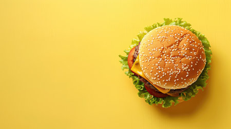 Delicious burger placed on a bright yellow background, leaving plenty of room for custom text or graphics.の素材
