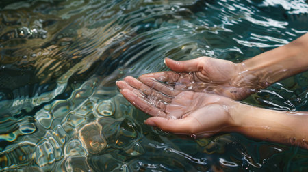 Close-up of hands immersed in the pure, transparent water of a natural river, emphasizing tranquility and clarity.の素材