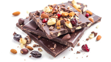 Dark chocolate with nuts and fruits on a white background, combining rich flavors with a visually appealing setup.の素材
